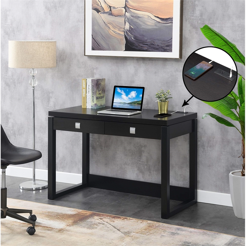 Pemberly Row Two-Drawer Desk with Charging Station in Black Wood