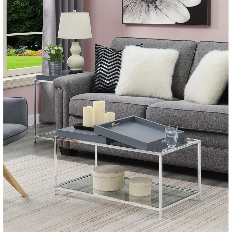Pemberly Row Modern Coffee Table in Clear Glass and Chrome Metal