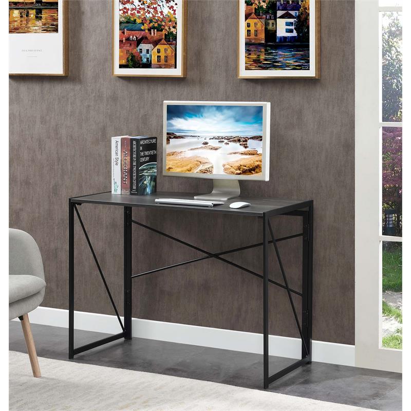 Pemberly Row Folding Desk in Gray Wood Finish and Black Metal Frame