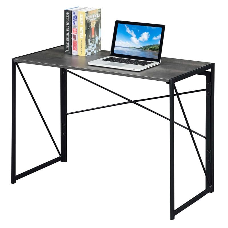 Pemberly Row Folding Desk in Gray Wood Finish and Black Metal Frame