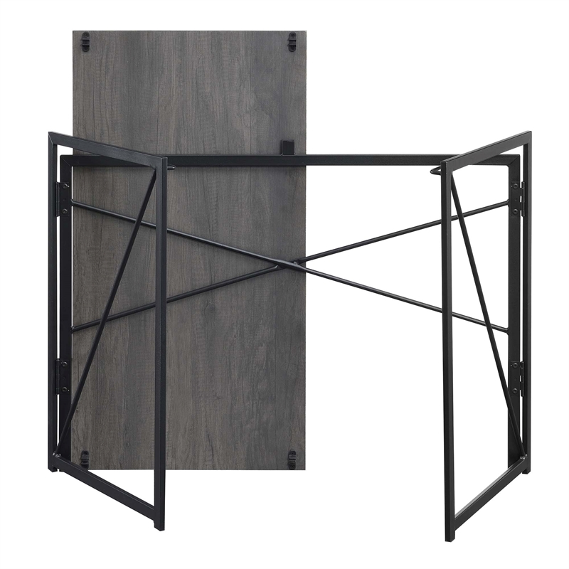 Pemberly Row Folding Desk in Gray Wood Finish and Black Metal Frame