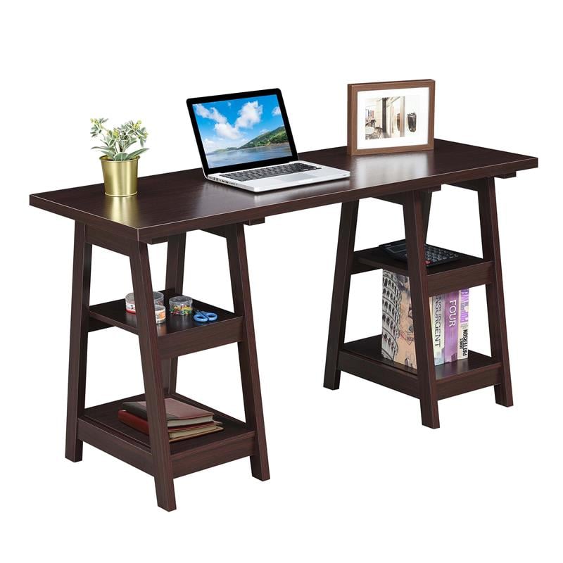 Pemberly Row Modern Double Trestle Desk in Espresso Wood Finish