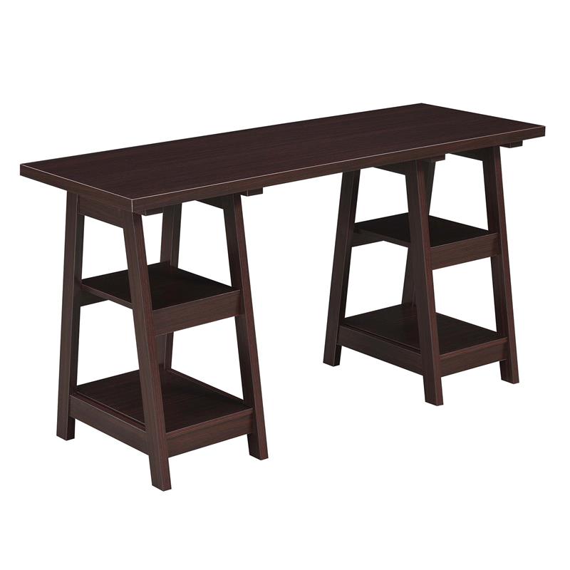 Pemberly Row Modern Double Trestle Desk in Espresso Wood Finish