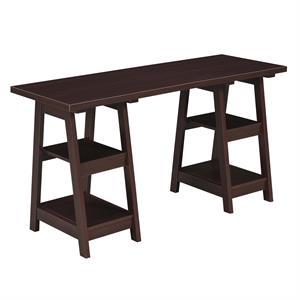 Pemberly Row Modern Double Trestle Desk in Espresso Wood Finish