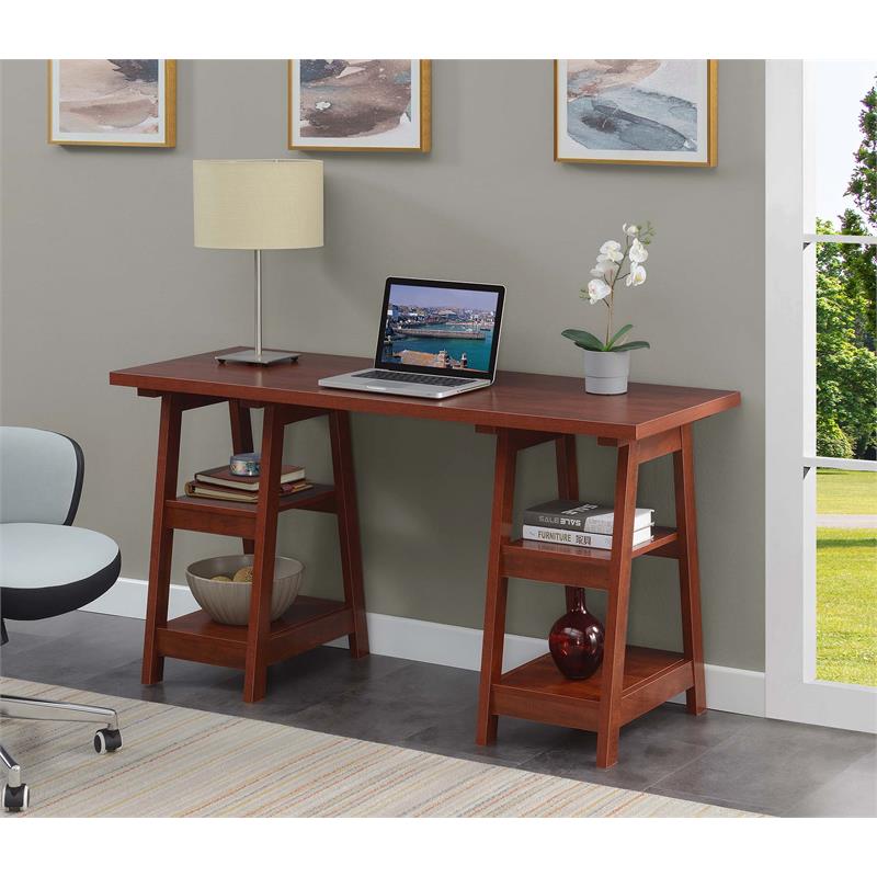 Pemberly Row Modern Double Trestle Desk in Warm Cherry Wood Finish