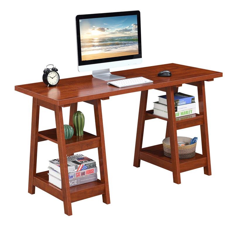 Pemberly Row Modern Double Trestle Desk in Warm Cherry Wood Finish