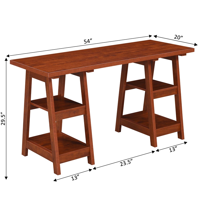 Pemberly Row Modern Double Trestle Desk in Warm Cherry Wood Finish