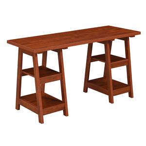 Pemberly Row Modern Double Trestle Desk in Warm Cherry Wood Finish