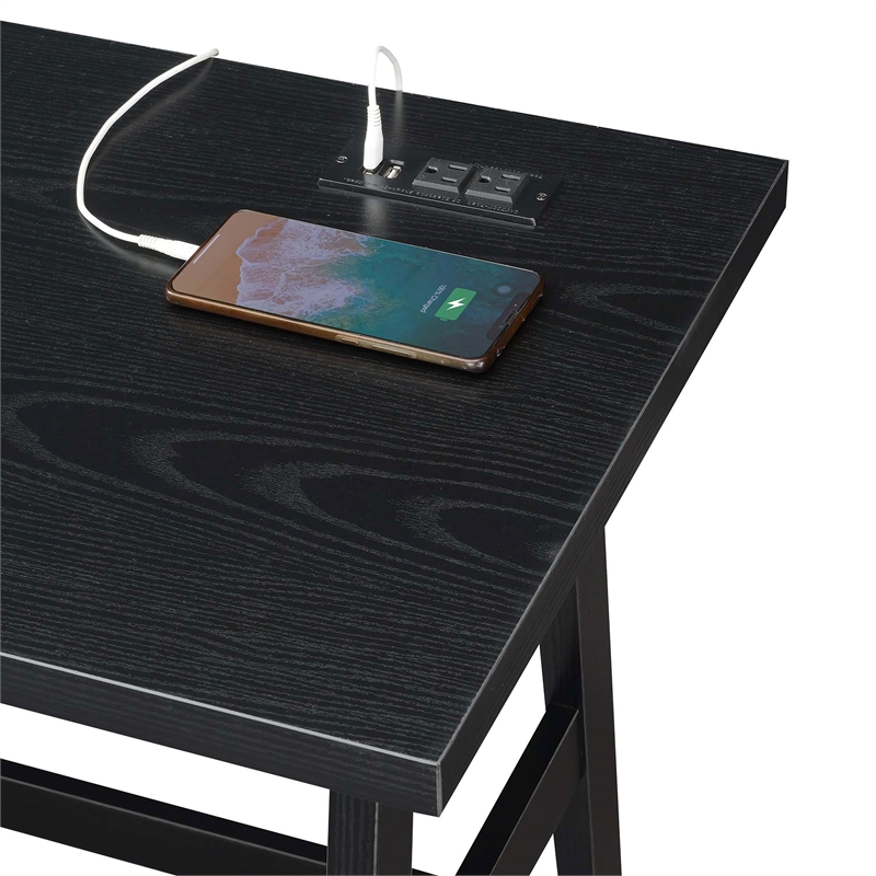 Pemberly Row Trestle Desk with Charging Station in Black Wood Finish