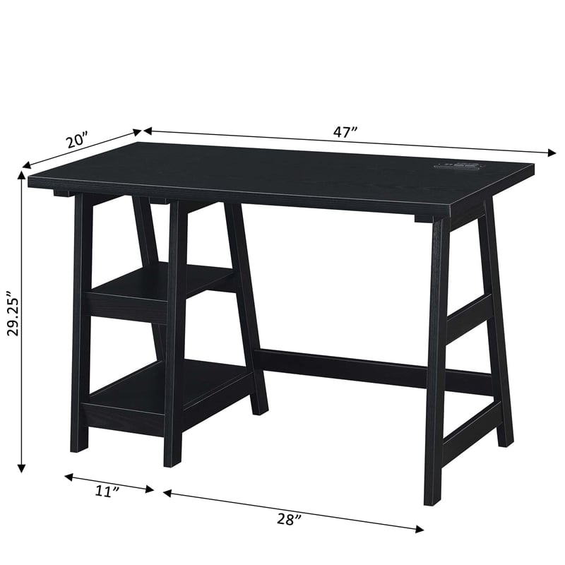 Pemberly Row Trestle Desk with Charging Station in Black Wood Finish