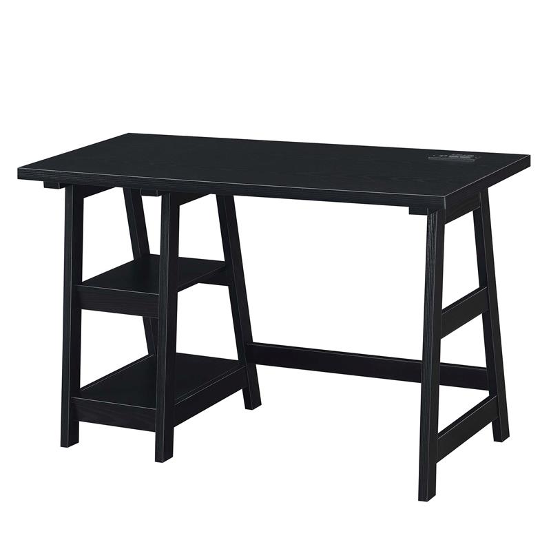Pemberly Row Trestle Desk with Charging Station in Black Wood Finish