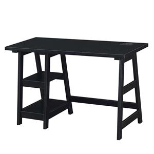 Pemberly Row Trestle Desk with Charging Station in Black Wood Finish