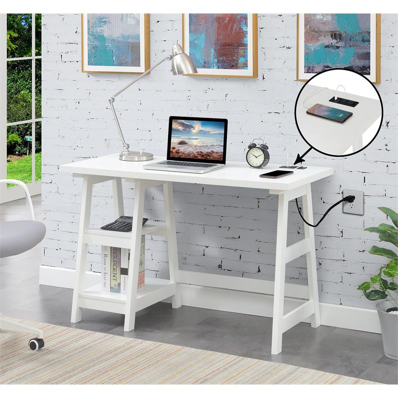 Pemberly Row Trestle Desk with Charging Station in White Wood Finish