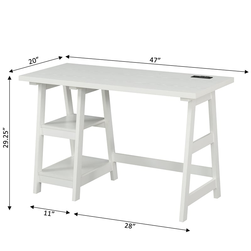Pemberly Row Trestle Desk with Charging Station in White Wood Finish