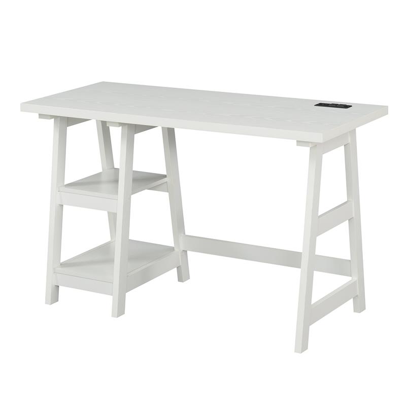 Pemberly Row Trestle Desk with Charging Station in White Wood Finish