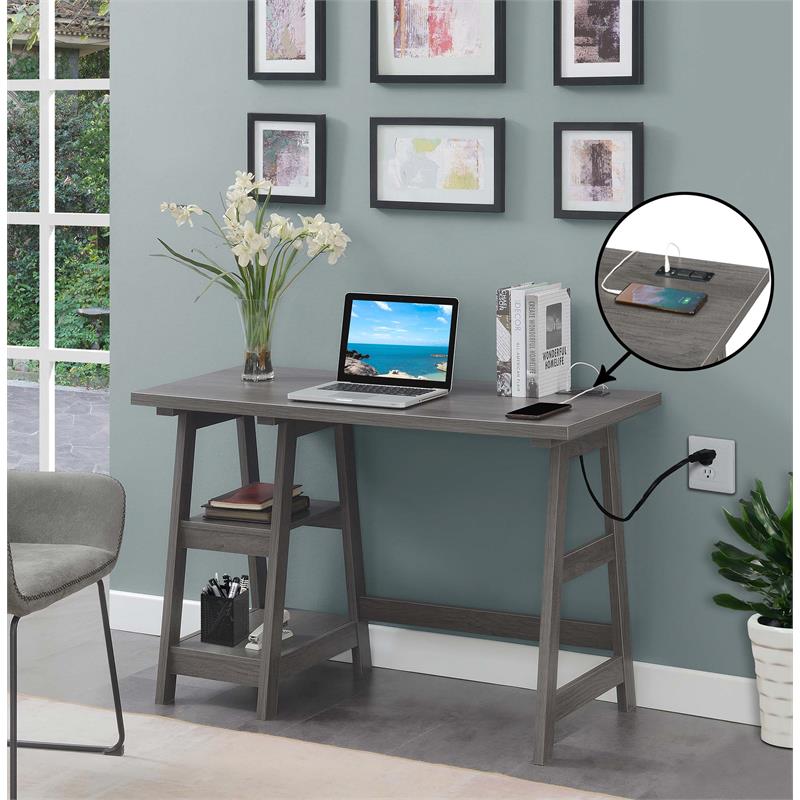 Pemberly Row Trestle Desk with Charging Station in Gray Wood