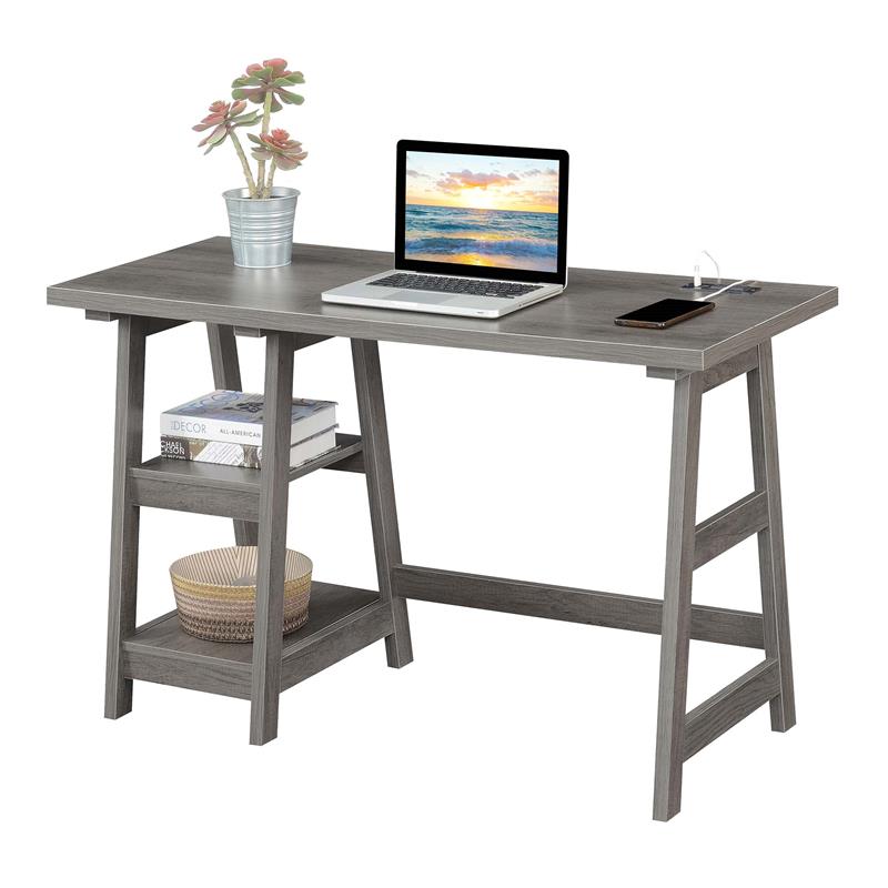 Pemberly Row Trestle Desk with Charging Station in Gray Wood