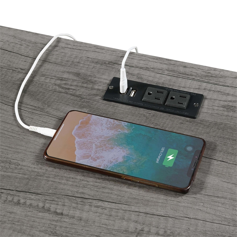 Pemberly Row Trestle Desk with Charging Station in Gray Wood