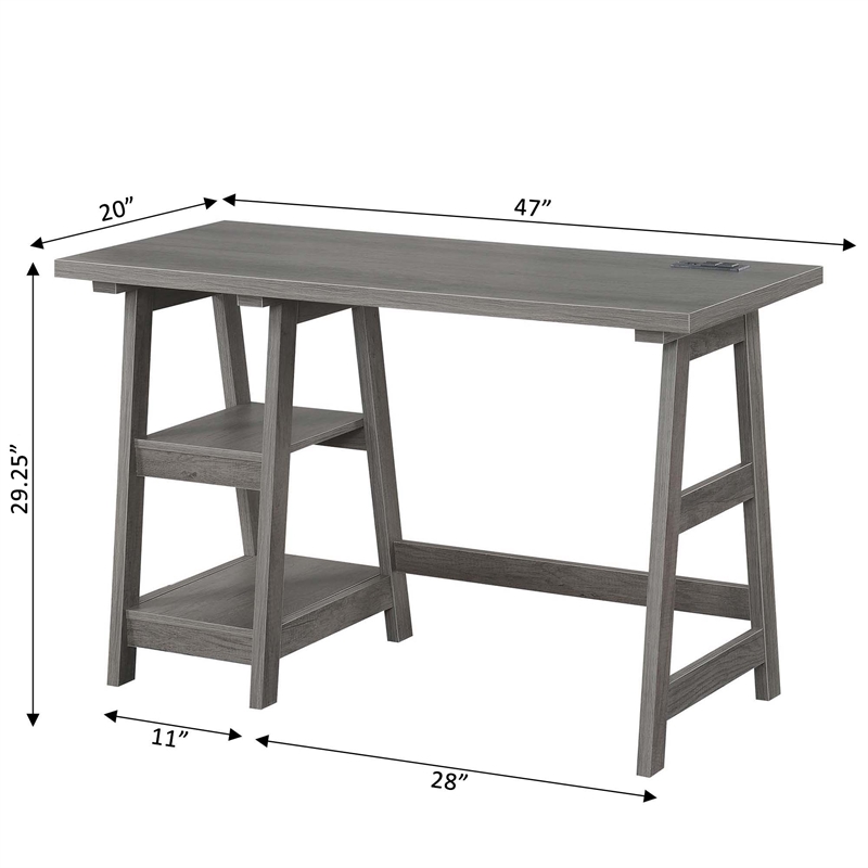 Pemberly Row Trestle Desk with Charging Station in Gray Wood