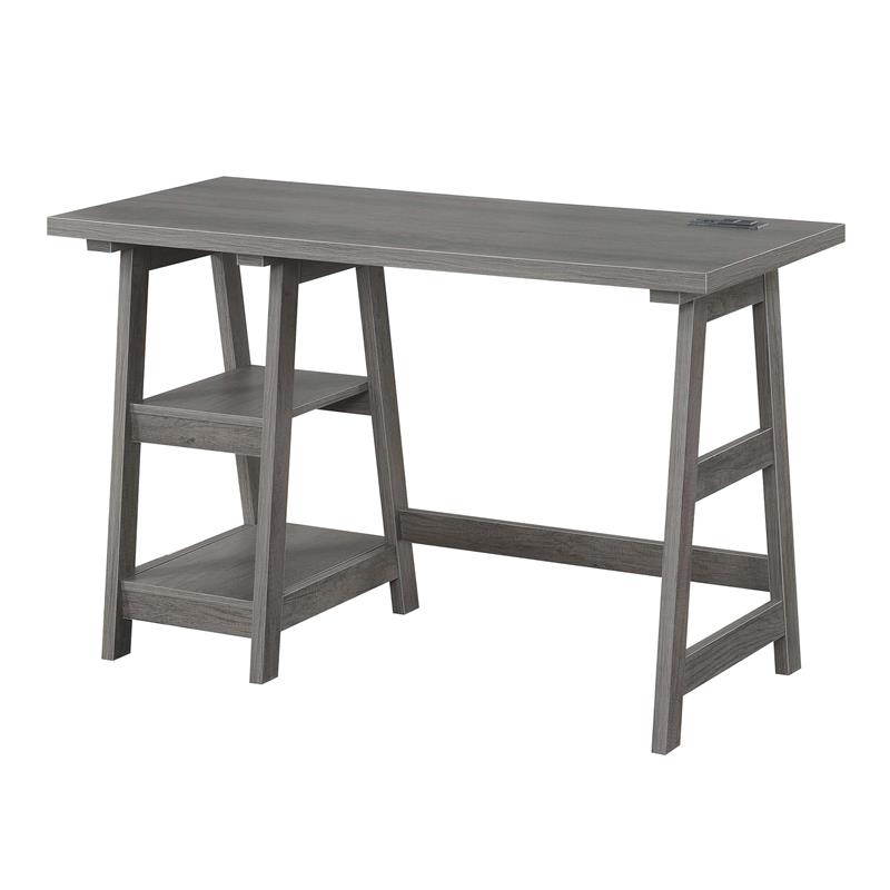 Pemberly Row Trestle Desk with Charging Station in Gray Wood