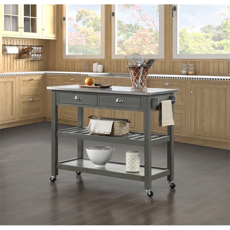 Pemberly Row Stainless Steel Top Kitchen Cart in Gray Wood Finish