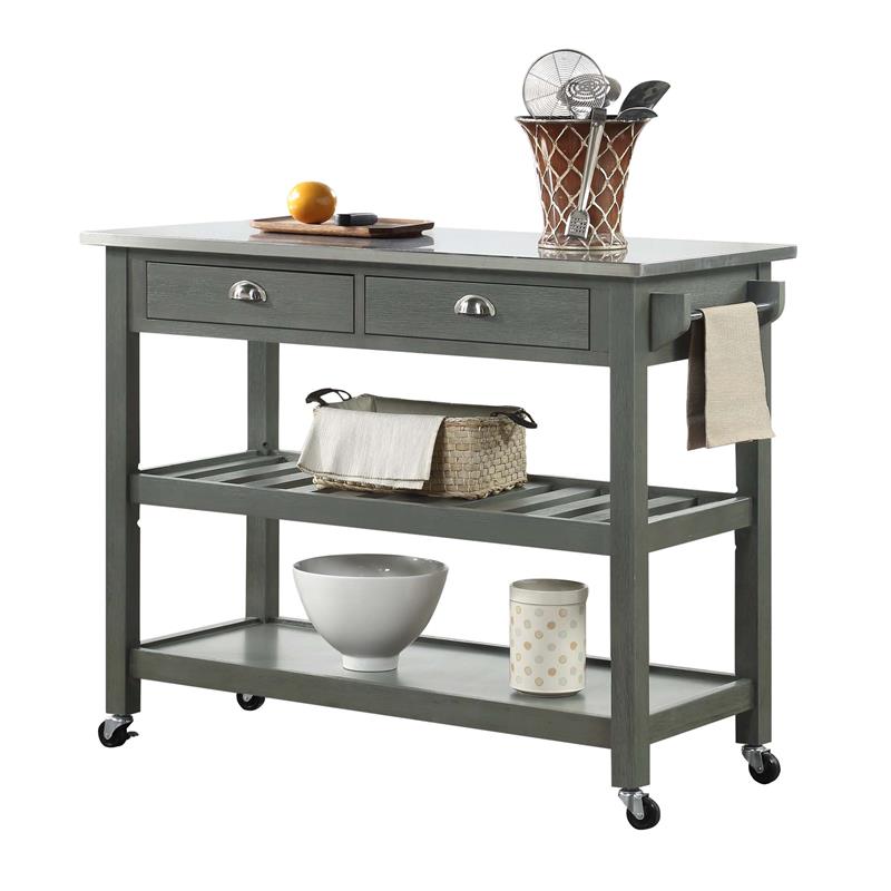 Pemberly Row Stainless Steel Top Kitchen Cart in Gray Wood Finish
