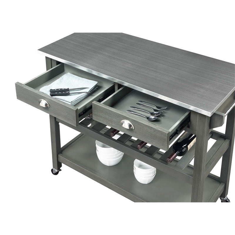 Pemberly Row Stainless Steel Top Kitchen Cart in Gray Wood Finish