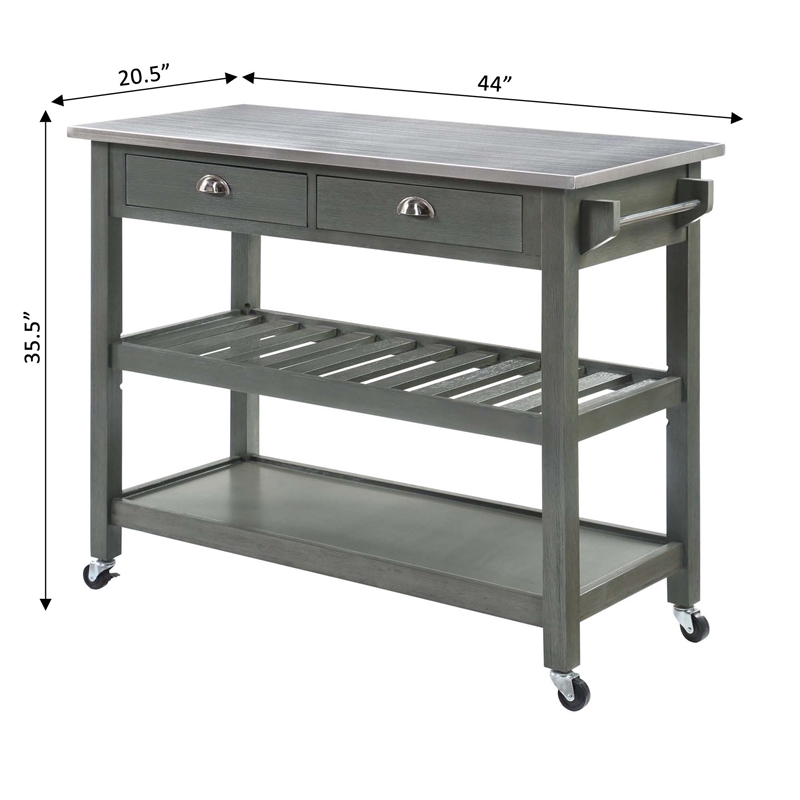 Pemberly Row Stainless Steel Top Kitchen Cart in Gray Wood Finish