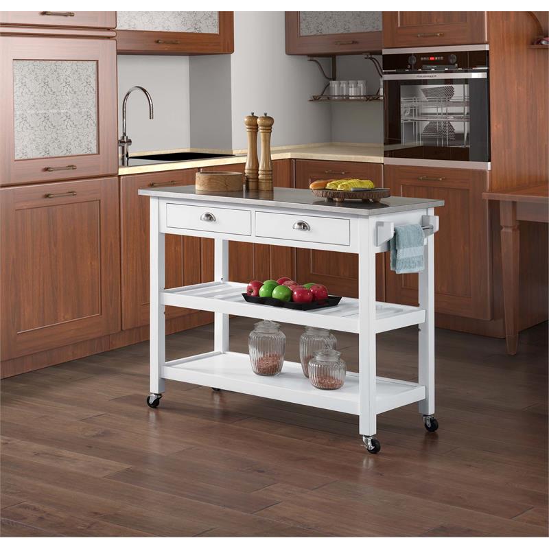Pemberly Row Stainless Steel Top Kitchen Cart in White Wood Finish