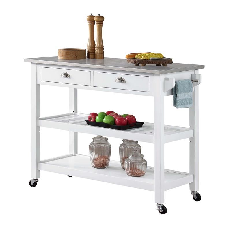 Pemberly Row Stainless Steel Top Kitchen Cart in White Wood Finish