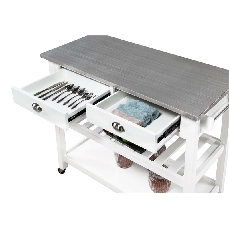 Pemberly Row Stainless Steel Top Kitchen Cart in White Wood Finish