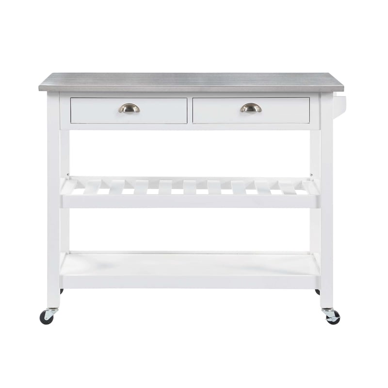 Pemberly Row Stainless Steel Top Kitchen Cart in White Wood Finish