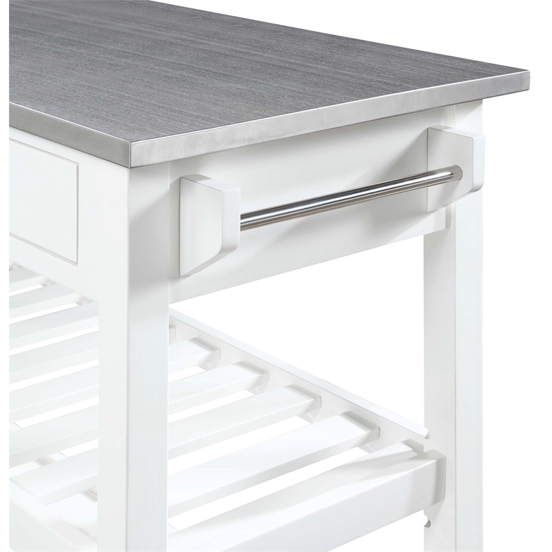 Pemberly Row Stainless Steel Top Kitchen Cart in White Wood Finish