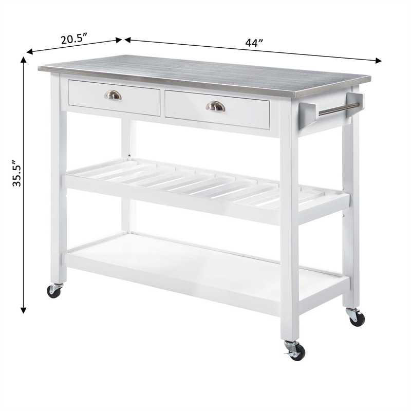 Pemberly Row Stainless Steel Top Kitchen Cart in White Wood Finish