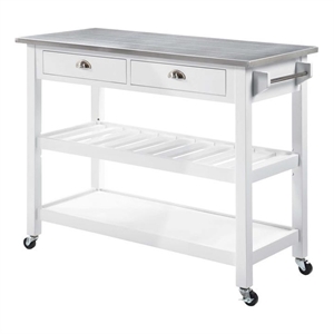 Pemberly Row Stainless Steel Top Kitchen Cart in White Wood Finish