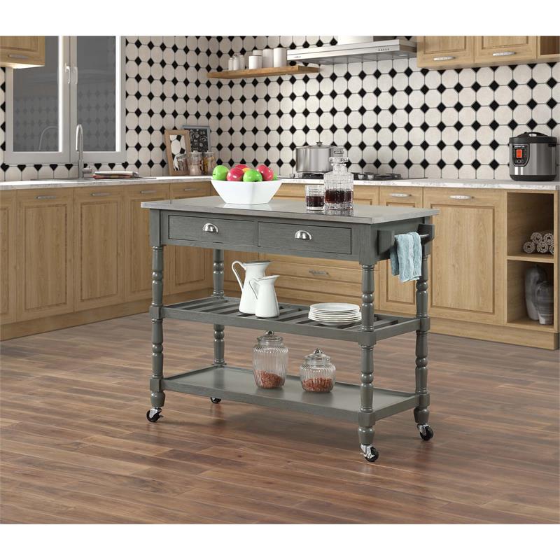 Pemberly Row French Stainless Steel Top Kitchen Cart- Gray Wood