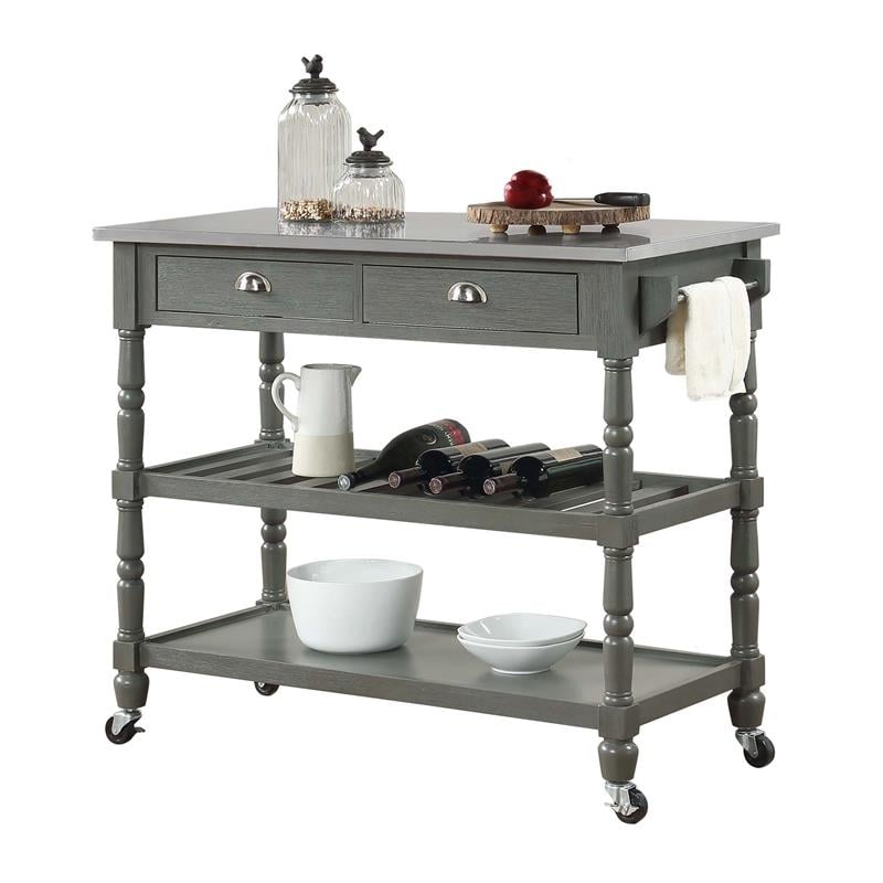 Pemberly Row French Stainless Steel Top Kitchen Cart- Gray Wood