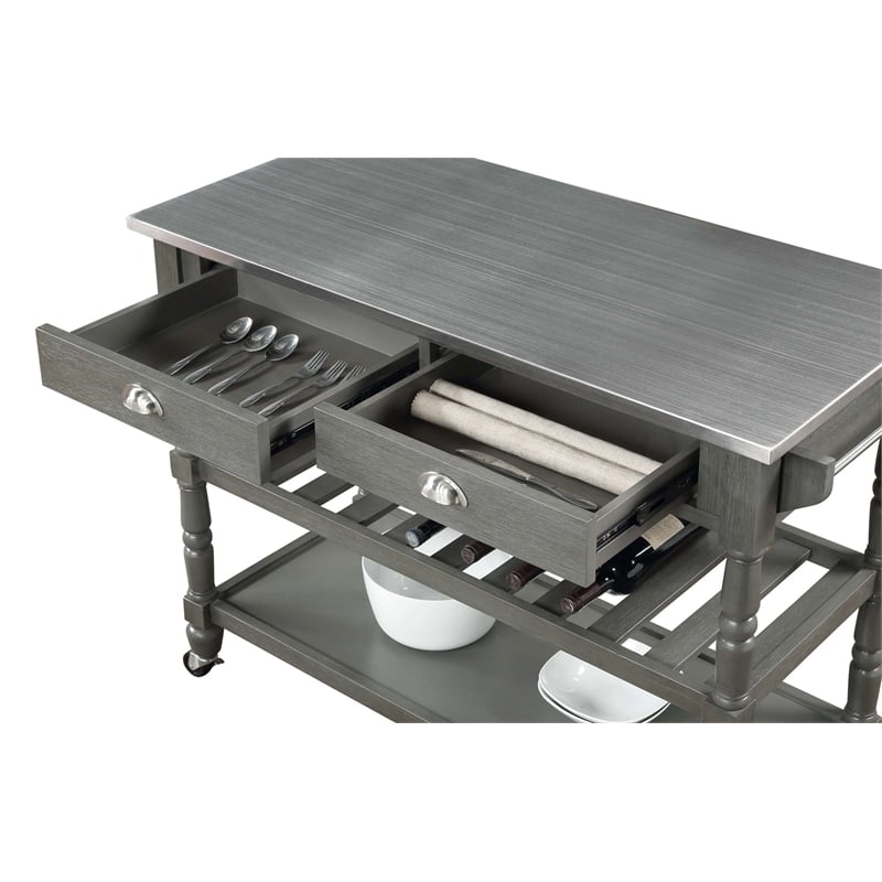 Pemberly Row French Stainless Steel Top Kitchen Cart- Gray Wood