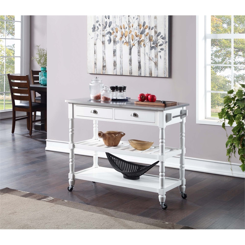 Pemberly Row French Stainless Steel Top Kitchen Cart- White Wood
