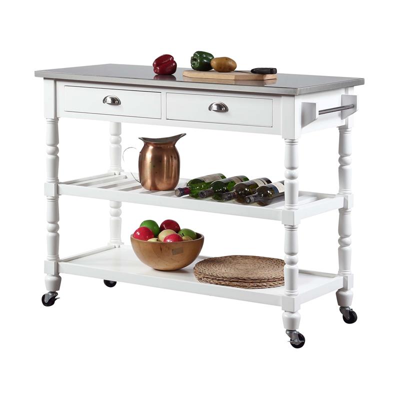 Pemberly Row French Stainless Steel Top Kitchen Cart- White Wood