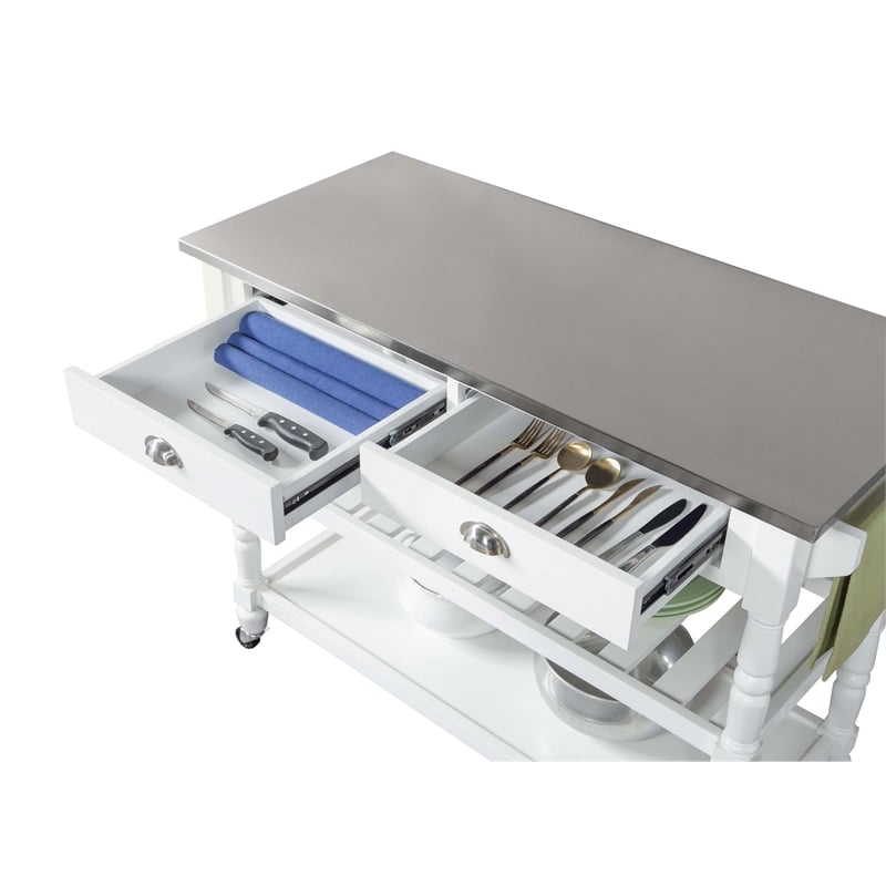 Pemberly Row French Stainless Steel Top Kitchen Cart- White Wood