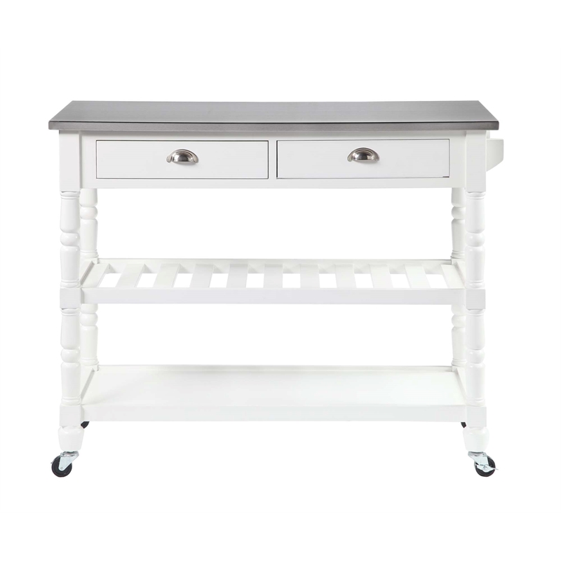 Pemberly Row French Stainless Steel Top Kitchen Cart- White Wood
