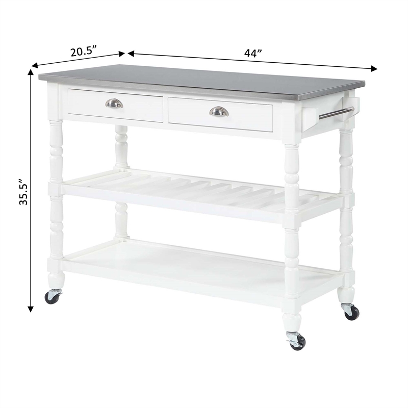 Pemberly Row French Stainless Steel Top Kitchen Cart- White Wood