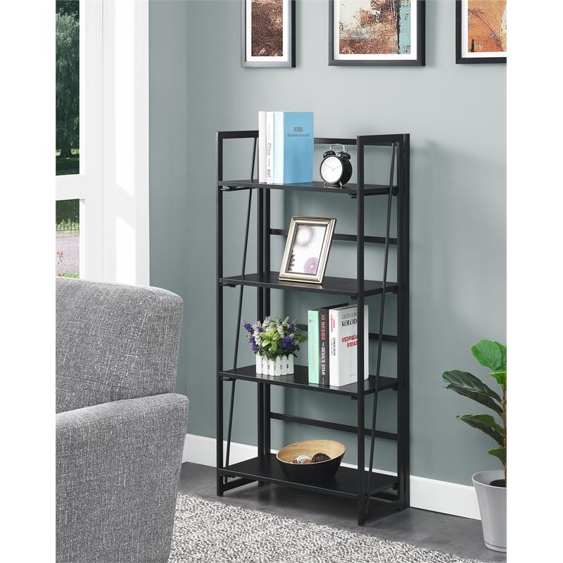 Pemberly Row Folding Four-Tier Bookshelf in Black Wood Finish