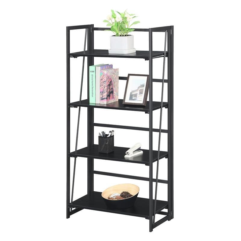 Pemberly Row Folding Four-Tier Bookshelf in Black Wood Finish