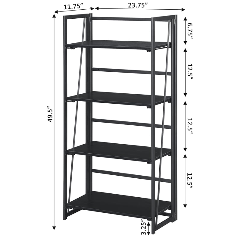 Pemberly Row Folding Four-Tier Bookshelf in Black Wood Finish