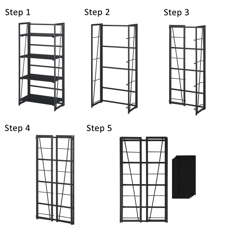 Pemberly Row Folding Four-Tier Bookshelf in Black Wood Finish