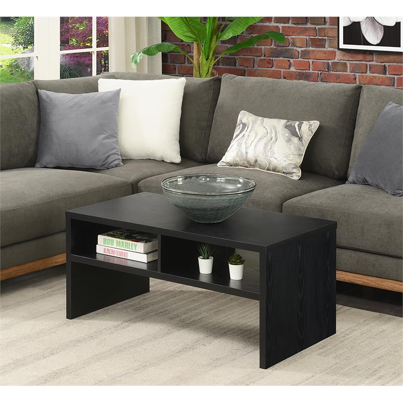 Pemberly Row Deluxe Coffee Table with Shelves in Black Wood Finish