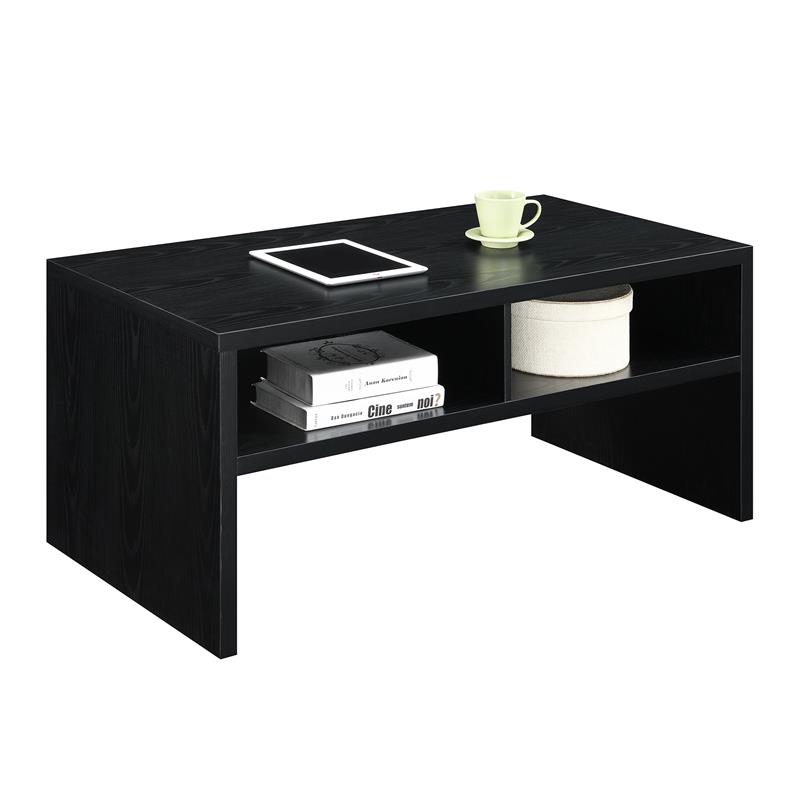 Pemberly Row Deluxe Coffee Table with Shelves in Black Wood Finish