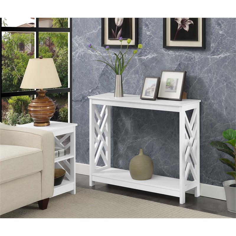 Pemberly Row Modern Console Table with Shelf in White Wood Finish